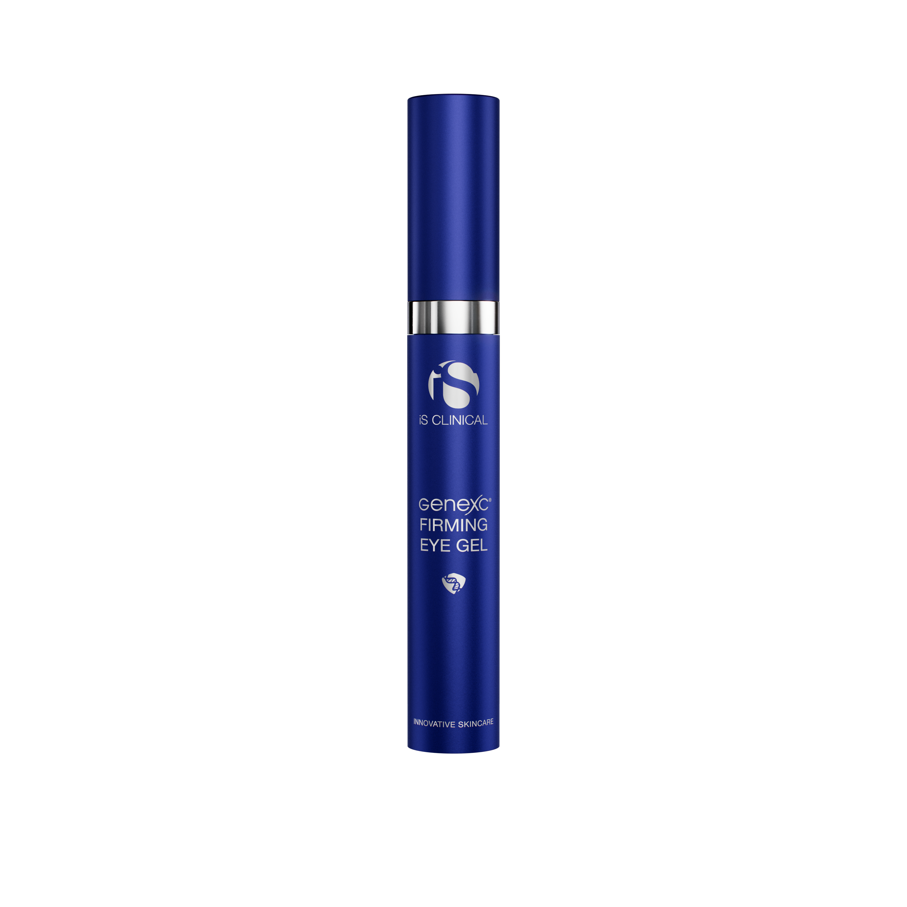Blue eye gel container with silver cap on a white background