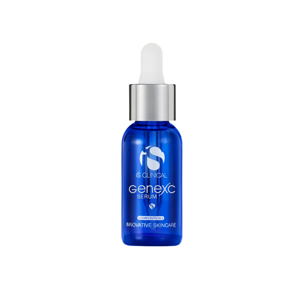 Blue serum bottle with dropper labeled 'genexc Serum' on a white background