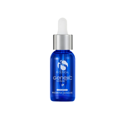 Blue serum bottle with dropper labeled 'genexc Serum' on a white background