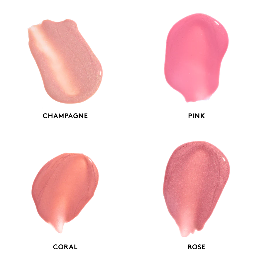 Four swatches of lip gloss in different shades labeled 'Champagne', 'Pink', 'Coral', and 'Rose' on a white background.