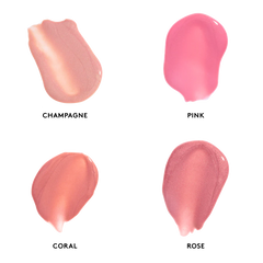 Four swatches of lip gloss in different shades labeled 'Champagne', 'Pink', 'Coral', and 'Rose' on a white background.