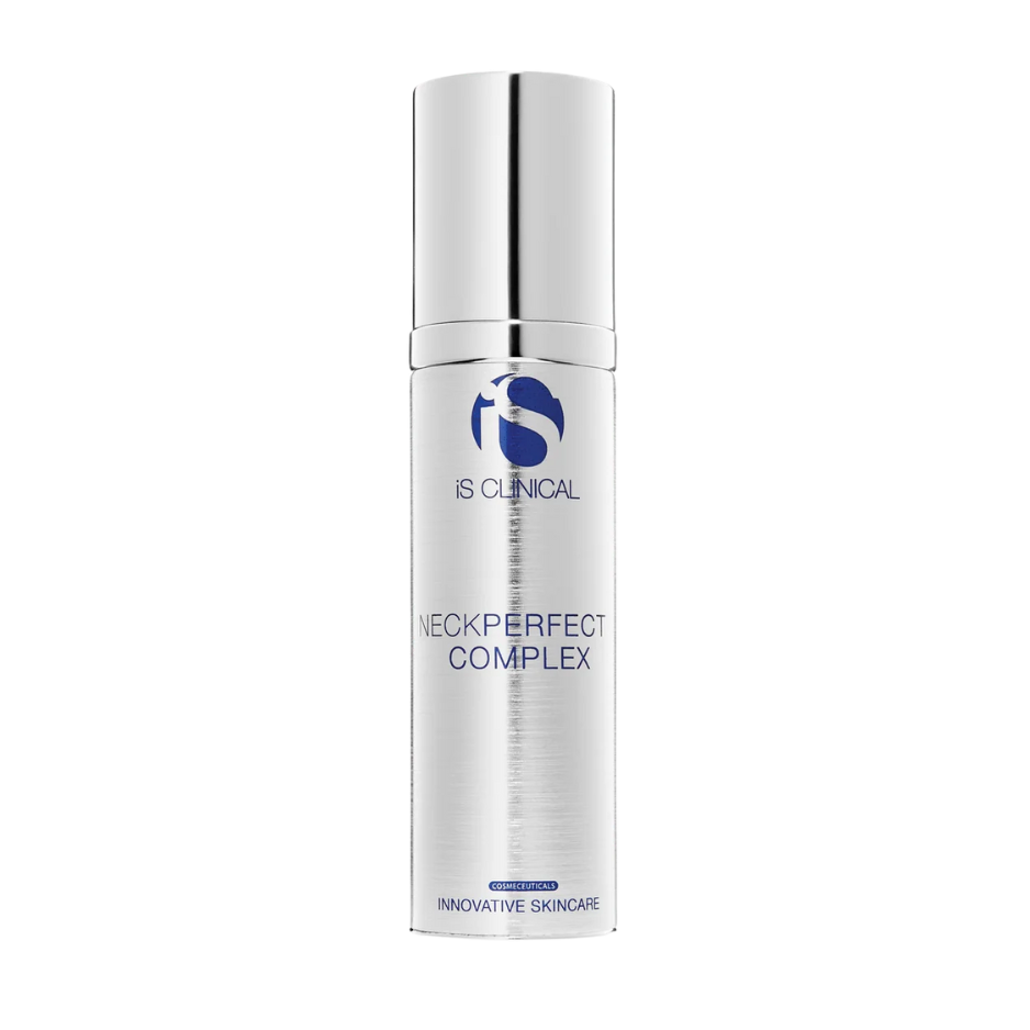 Skincare bottle labeled 'NeckPerfect Complex' by IS Clinical on a white background