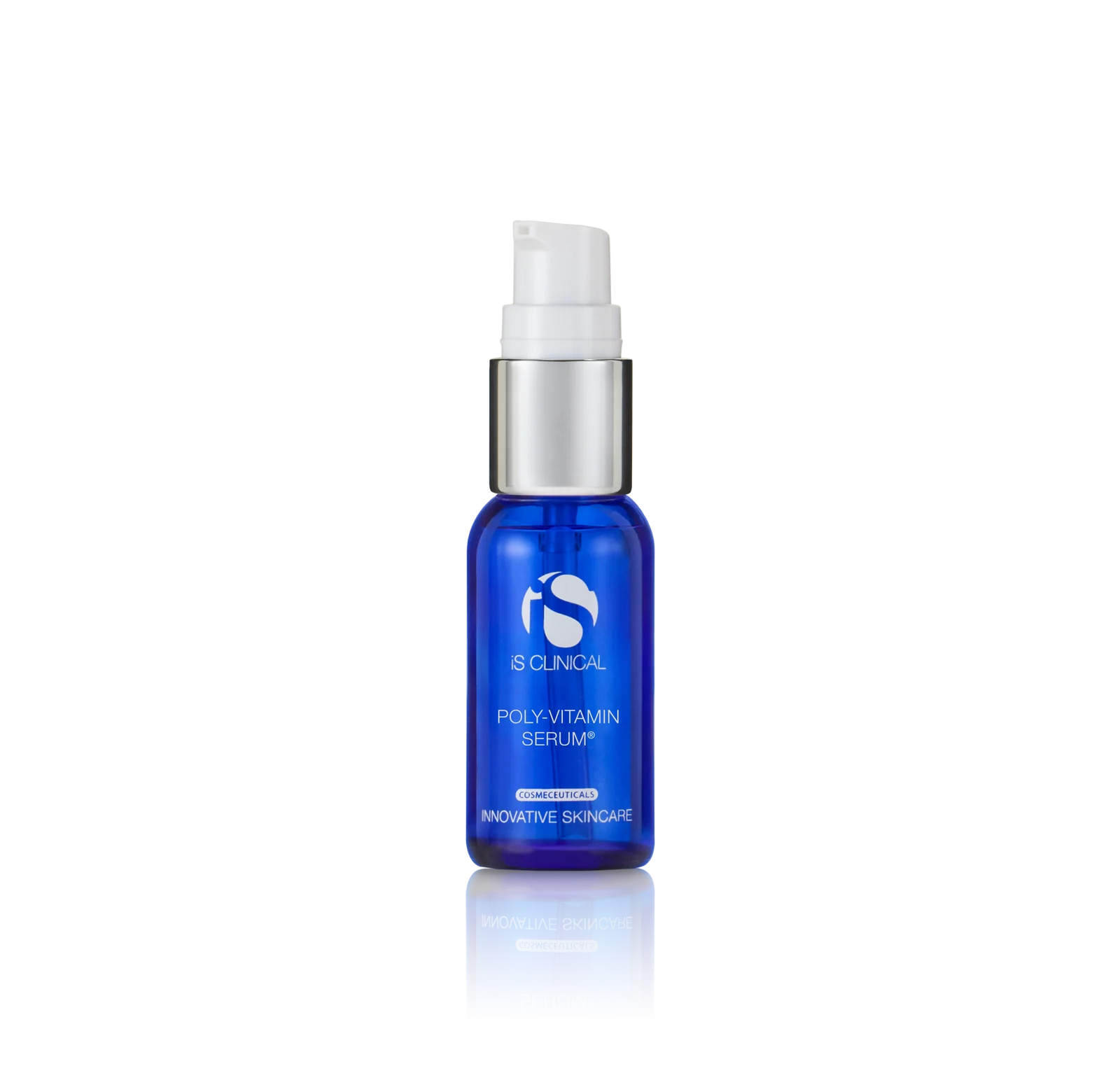 Blue serum bottle with white cap on a white background