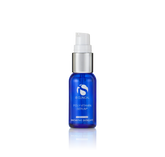 Blue serum bottle with white cap on a white background