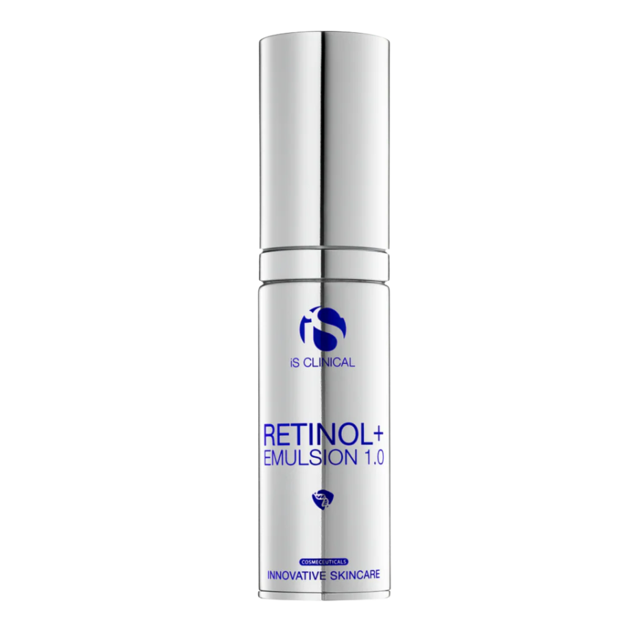 Skincare bottle labeled 'Retinol+ Emulsion 1.0' on a white background