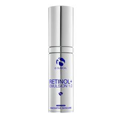 Skincare bottle labeled 'Retinol+ Emulsion 1.0' on a white background