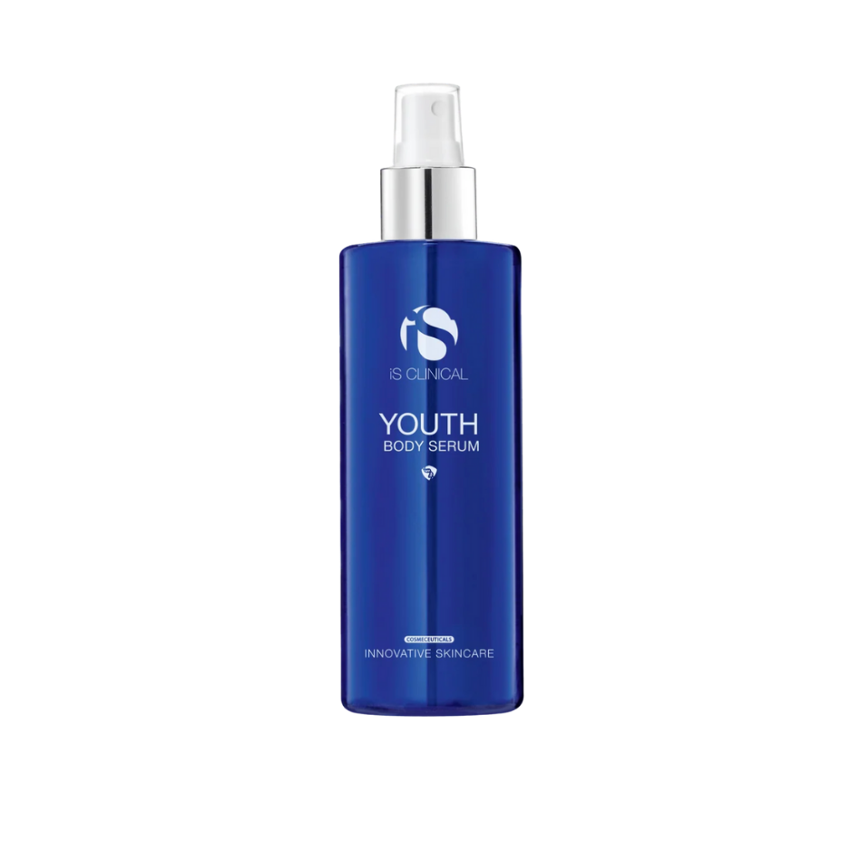Blue bottle of 'Youth Body Serum' with a silver pump on a white background