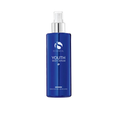 Blue bottle of 'Youth Body Serum' with a silver pump on a white background