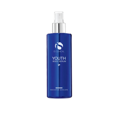 Blue bottle of 'Youth Body Serum' with a silver pump on a white background