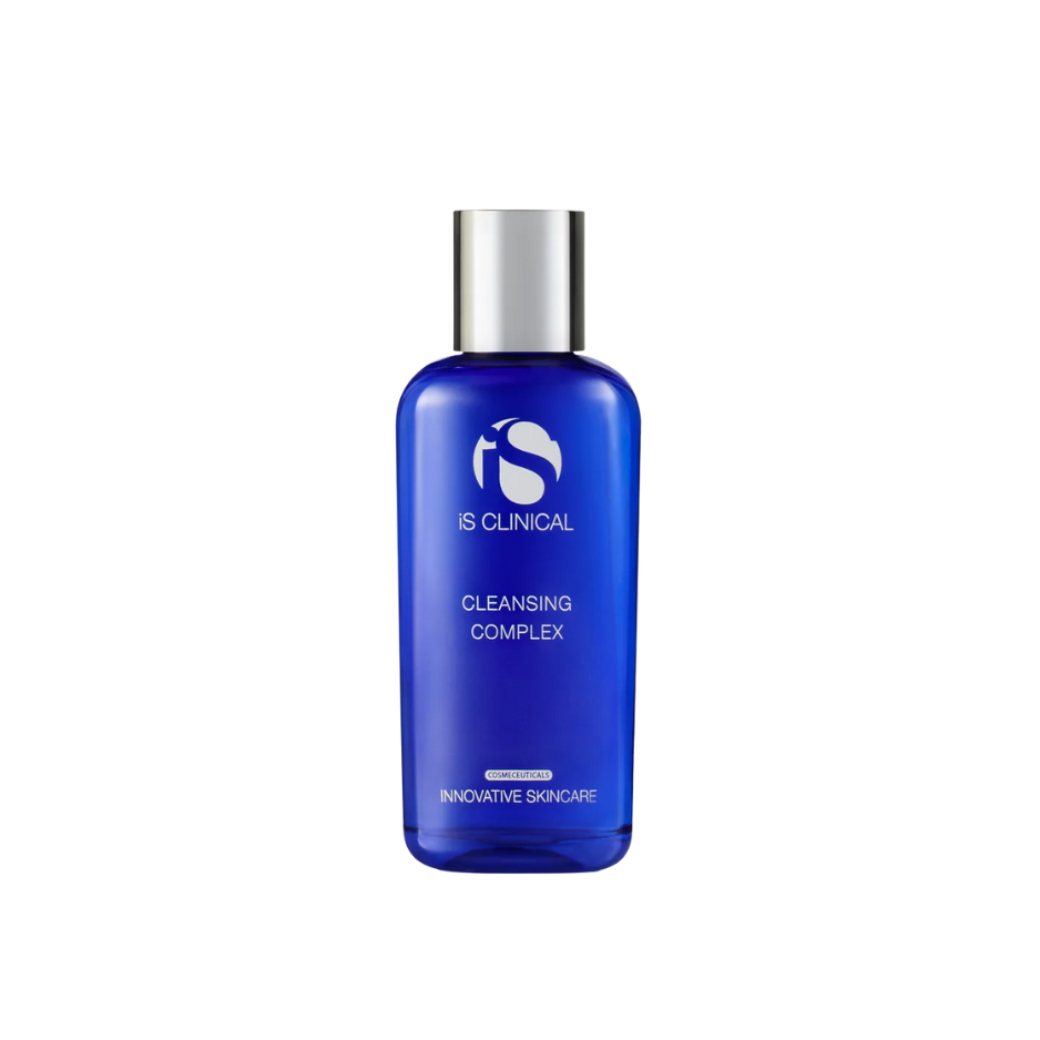Blue bottle of IS Clinical Cleansing Complex on a white background