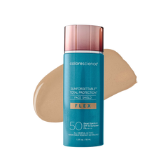 Colorescience Sunforgettable Total Protection Face Shield bottle with a swatch of beige color on a white background