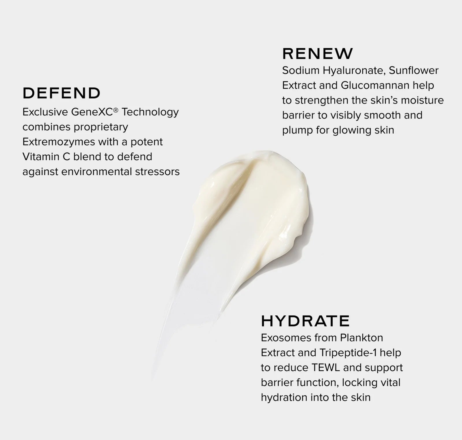 Skincare product with text on renew and defend features on a light gray background