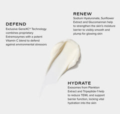 Skincare product with text on renew and defend features on a light gray background