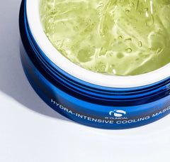 Hydra-intensive cooling mask in a blue container on a light gray background