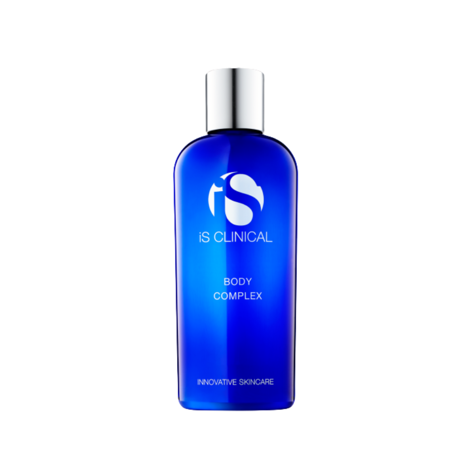 Blue bottle of IS Clinical Body Complex on a white background