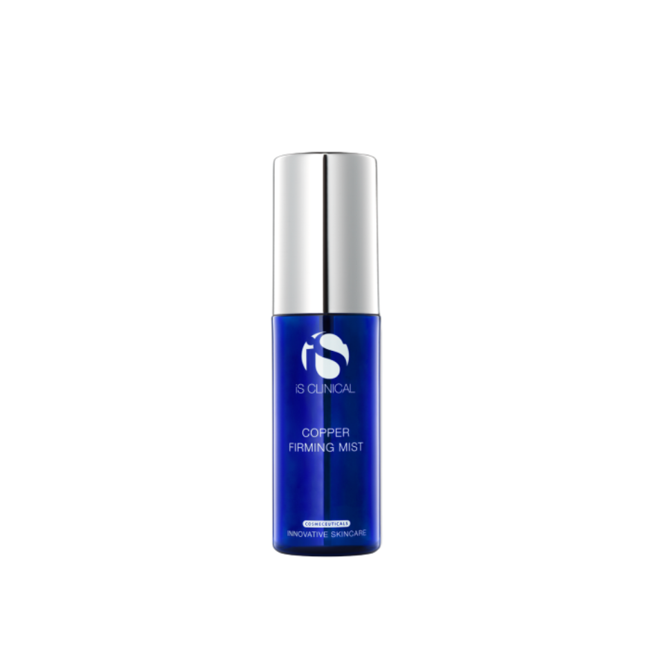Blue skincare bottle with silver cap on a white background
