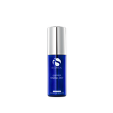 Blue skincare bottle with silver cap on a white background