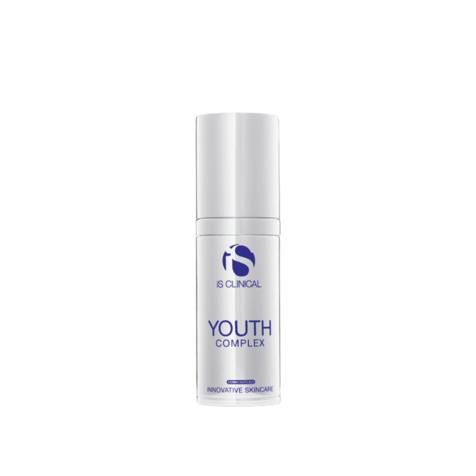 Skincare bottle labeled 'Youth Complex' by IS Clinical on a white background