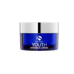 Blue jar of 'Youth Intensive Crème' with silver lid on a white background