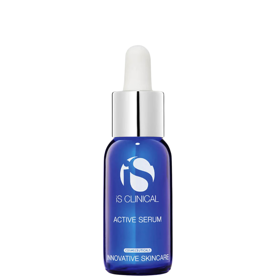 Blue serum bottle with white cap on a white background