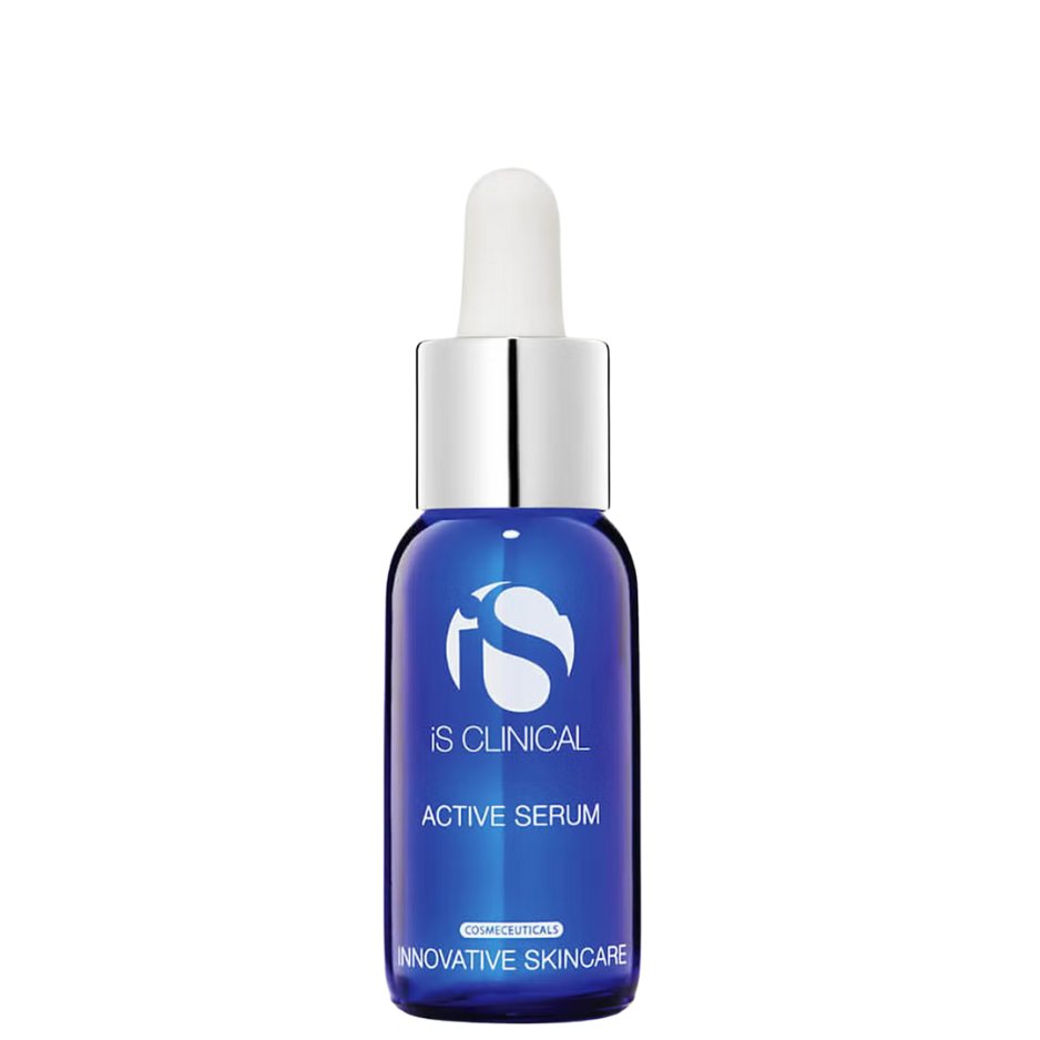 Blue serum bottle with white cap on a white background