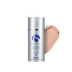 IS Clinical Extreme Protect SPF 40 skincare product with a swatch of beige color on a white background