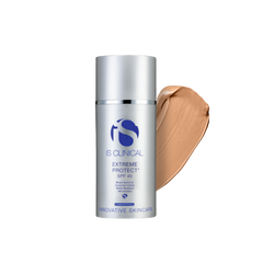 IS Clinical Extreme Protect SPF 40 skincare product with a swatch of beige color on a white background
