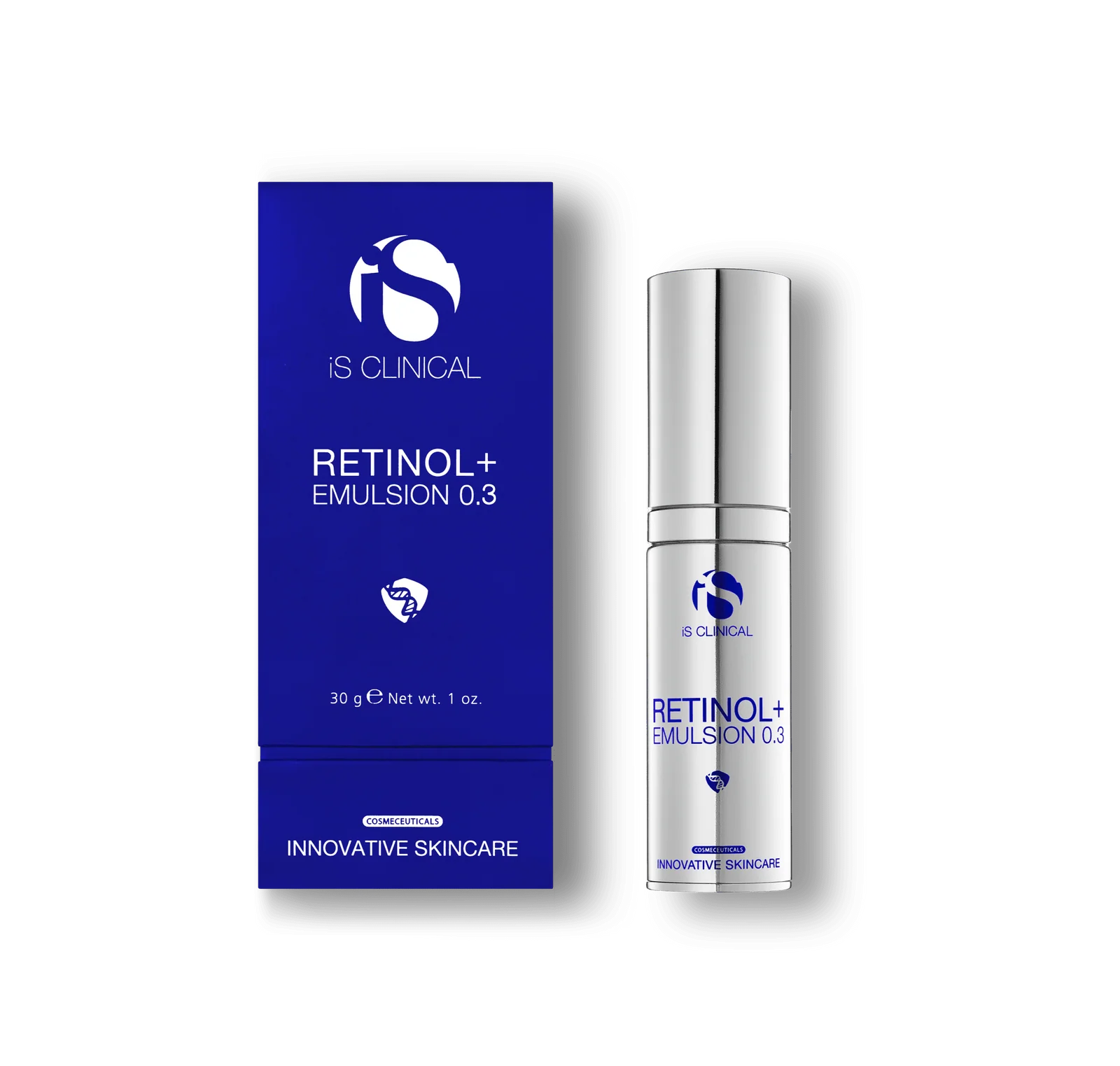 Retinol+ Emulsion 0.3 packaging and bottle on a white background