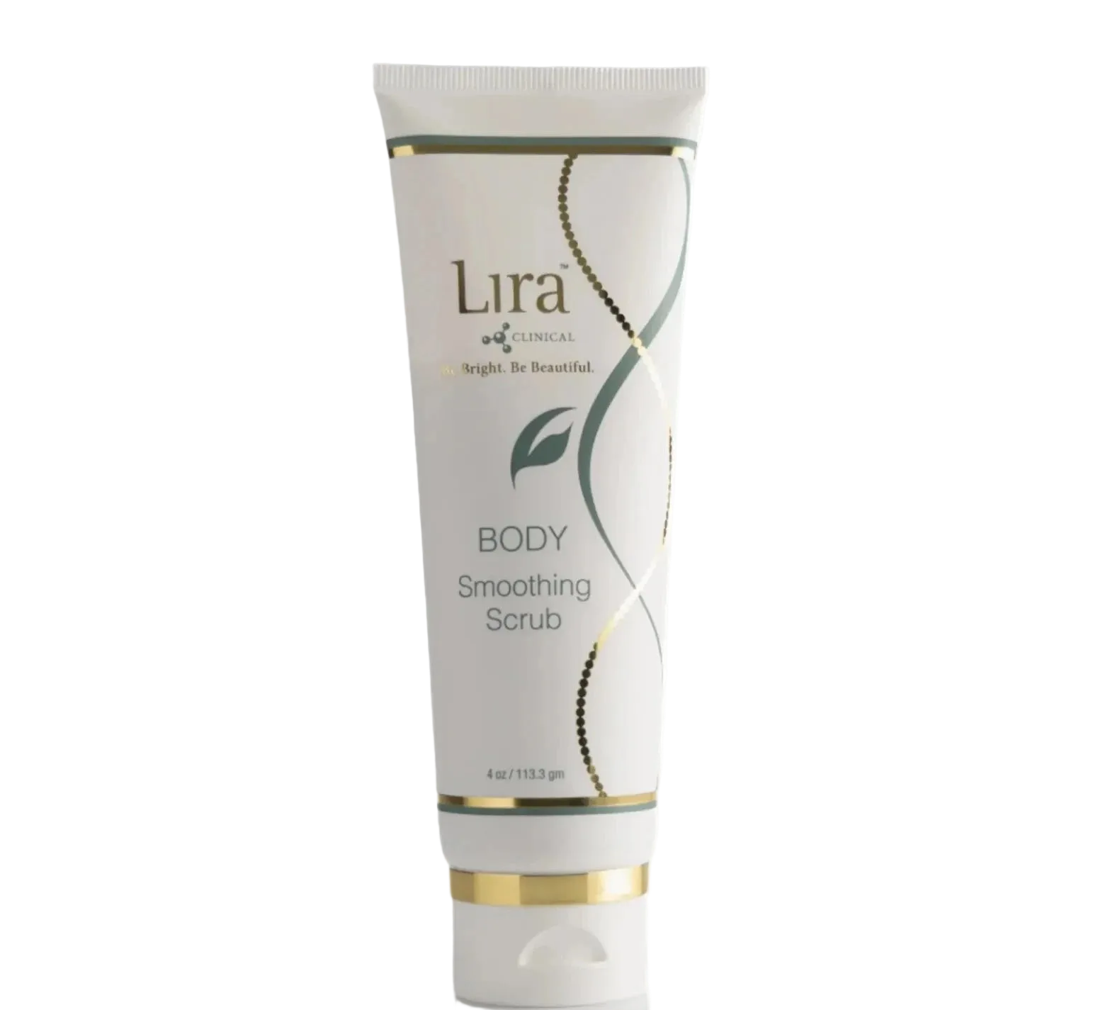 A white squeeze tube of Lira Naturals Body Smoothing Scrub with gold and green accents, set against a plain white background.