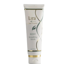 A white squeeze tube of Lira Naturals Body Smoothing Scrub with gold and green accents, set against a plain white background.