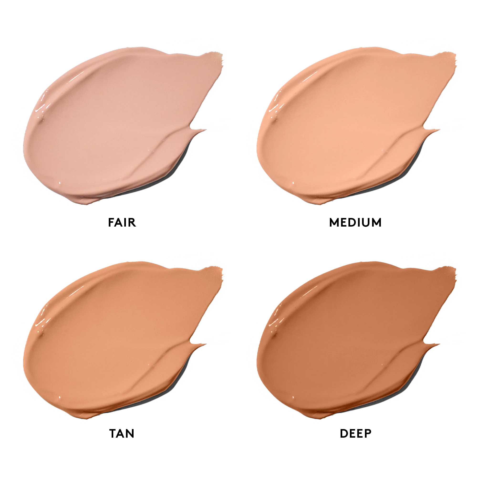 Four swatches of different skin tones labeled 'Fair', 'Medium', 'Tan', and 'Deep' on a white background.