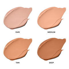 Four swatches of different skin tones labeled 'Fair', 'Medium', 'Tan', and 'Deep' on a white background.