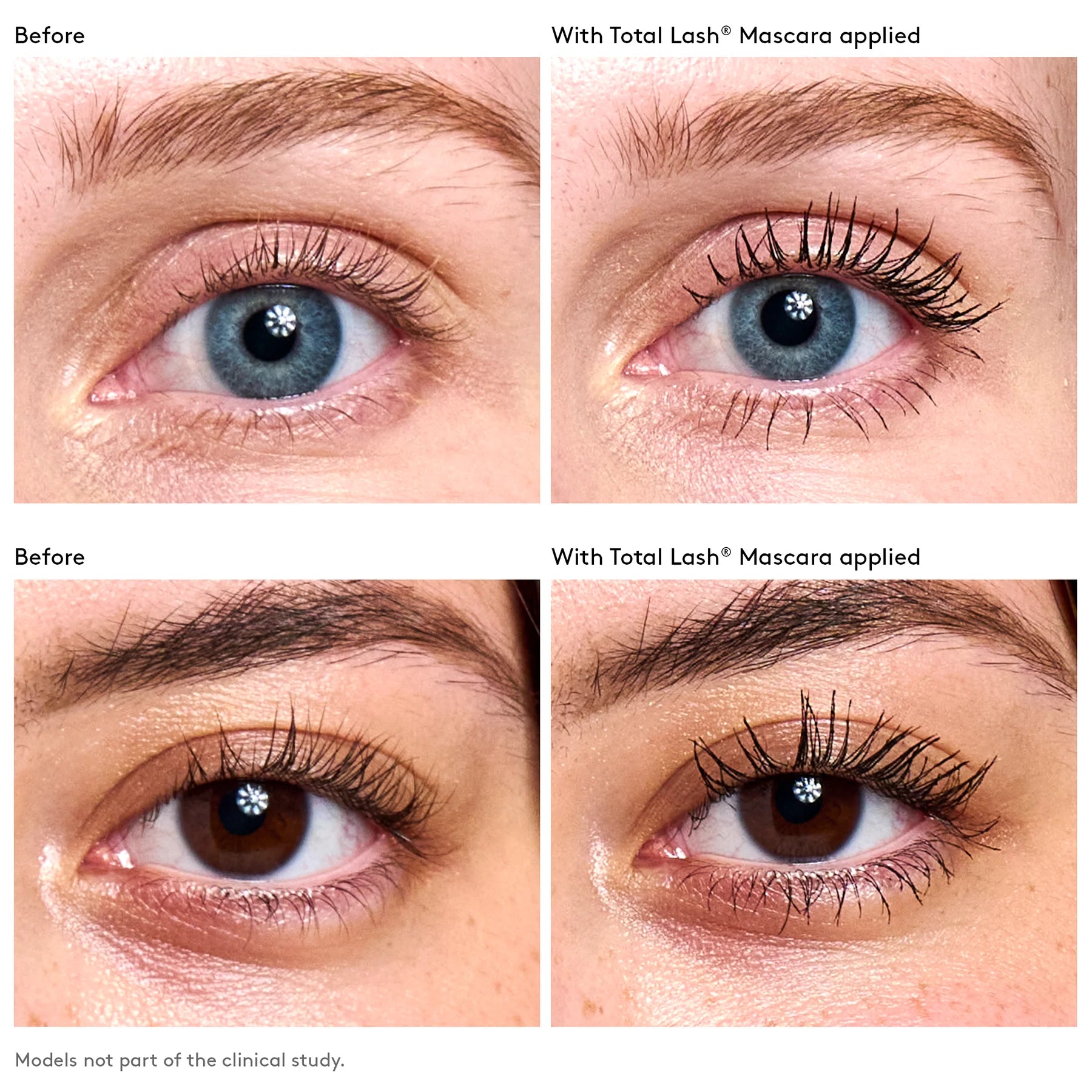 Before and after comparison of Total Lash Mascara application on eyes.