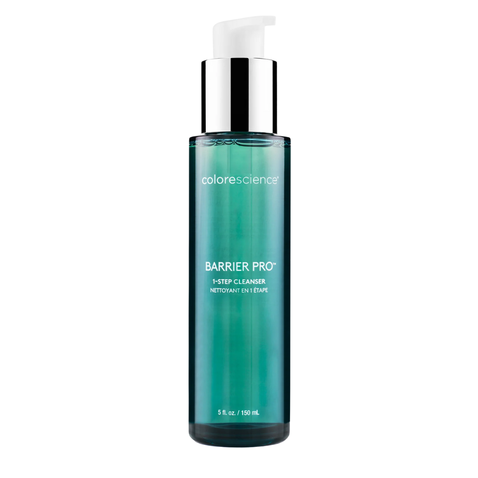 Cosmetic bottle labeled 'Barrier Pro' by colorescience on a white background