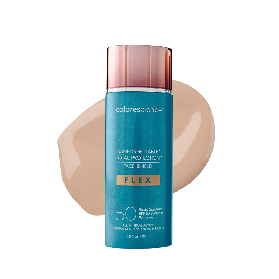 Colorescience Sunforgettable Total Protection Face Shield Flex bottle with a beige color swatch on a white background