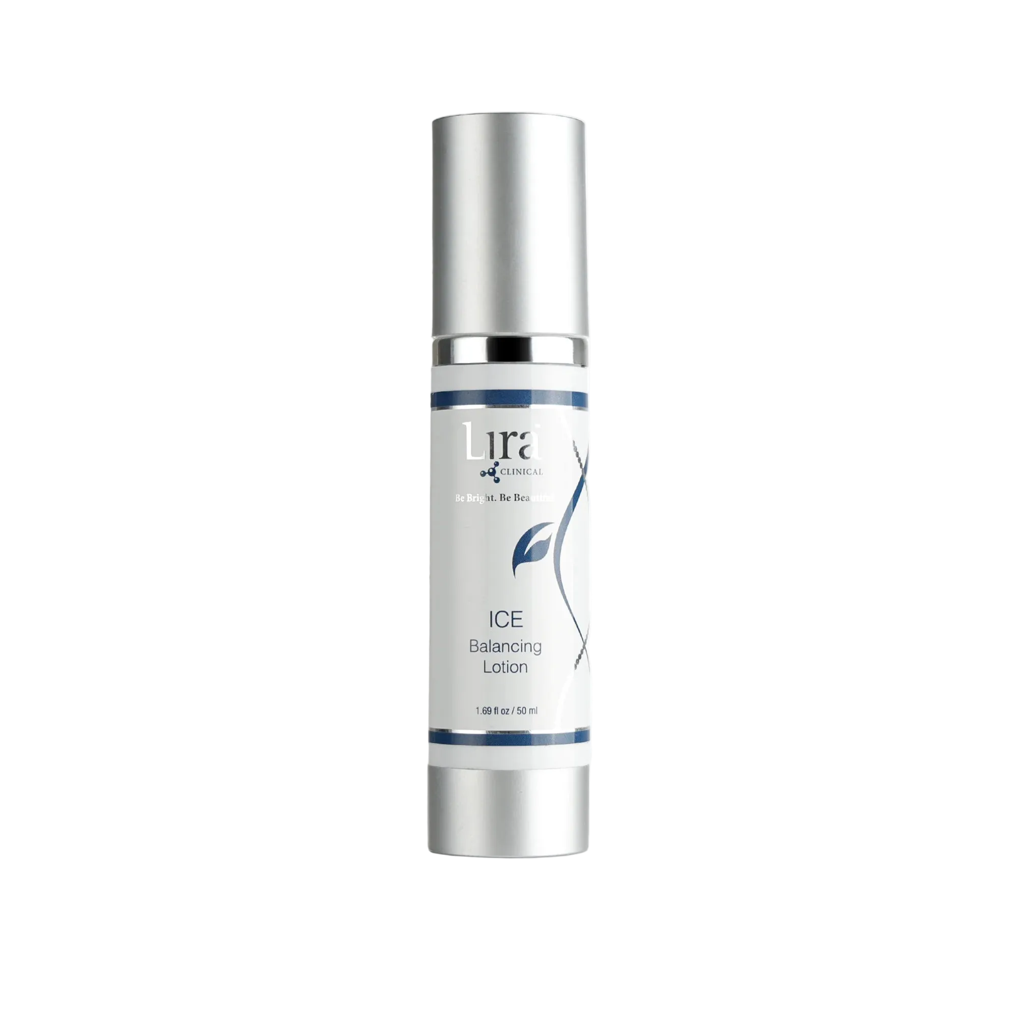 A silver cylindrical cosmetic bottle of Ula Cosmetics Ice Balancing Lotion on a clean white background.