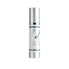 A silver cylindrical cosmetic bottle of Ula Cosmetics Ice Balancing Lotion on a clean white background.