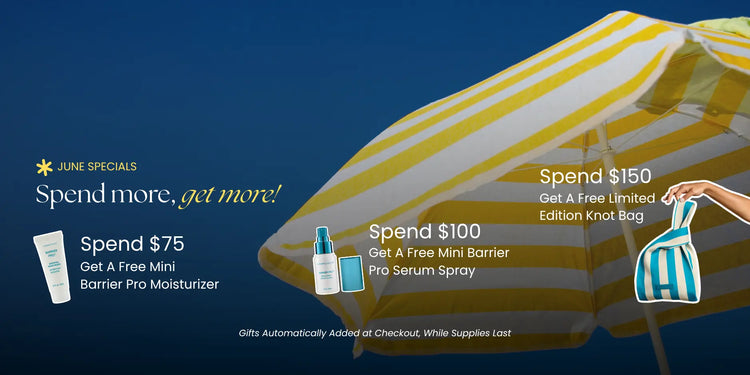Promotional graphic with skincare products and a yellow and white striped umbrella on a blue background.