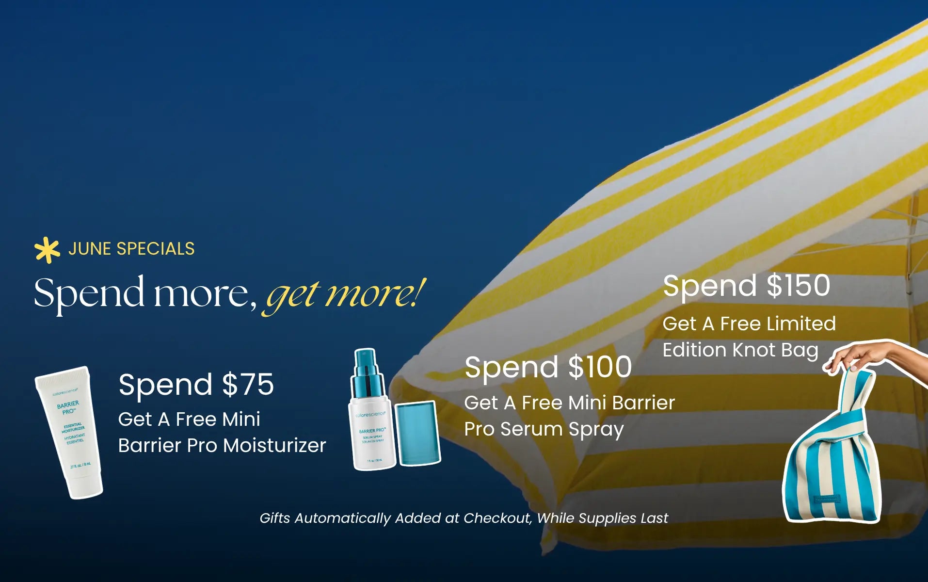 Promotional advertisement for skincare products with beach umbrella and bag on a blue background