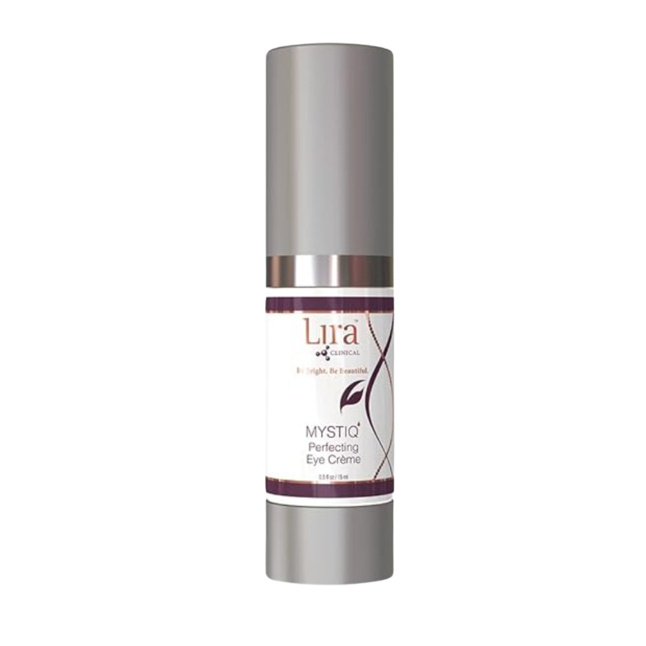 Silver bottle of Lura Cosmetics Mystic Perfecting Eye Creme on a white background
