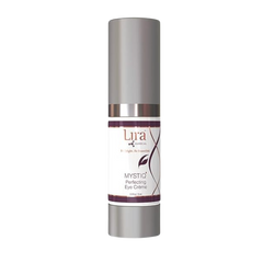 Silver bottle of Lura Cosmetics Mystic Perfecting Eye Creme on a white background
