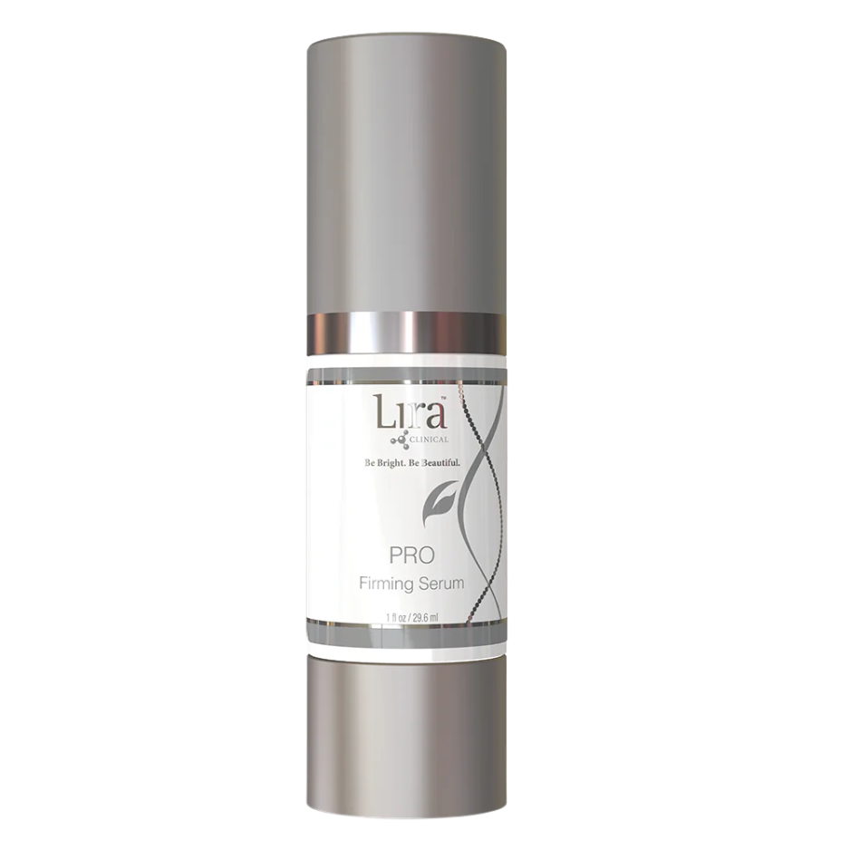 Silver skincare serum bottle with Lura label on a white background