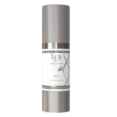 Silver skincare serum bottle with Lura label on a white background