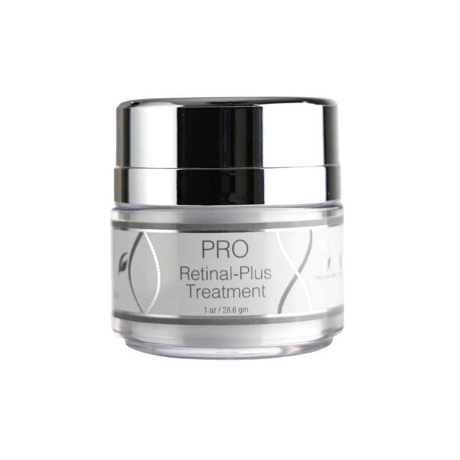 Skincare jar labeled 'PRO Retinal-Plus Treatment' on a white background