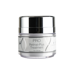 Skincare jar labeled 'PRO Retinal-Plus Treatment' on a white background