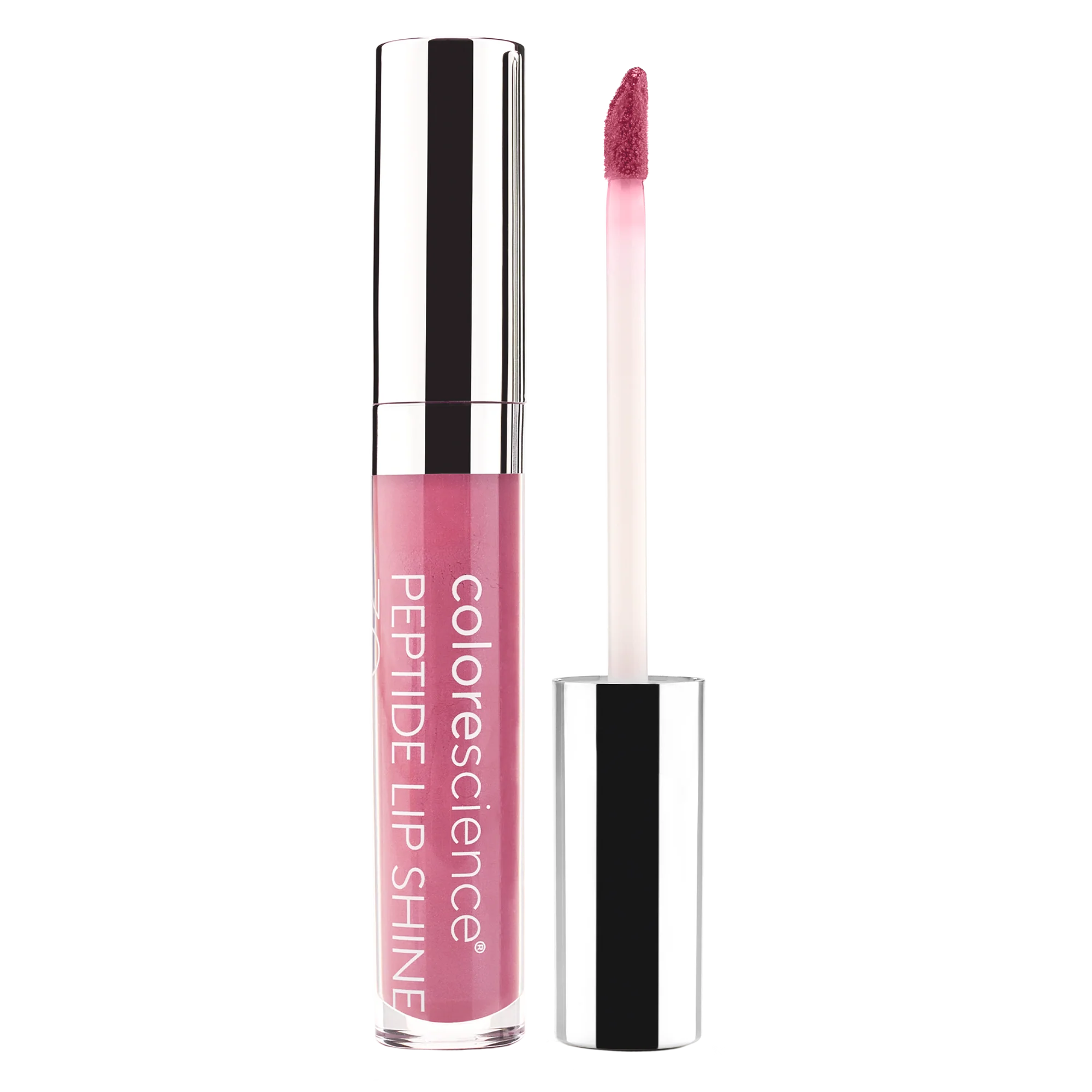 Colorscience Peptide Lip Shine with pink lip gloss and silver applicator on a white background