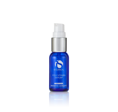Blue serum bottle with white cap on a white background