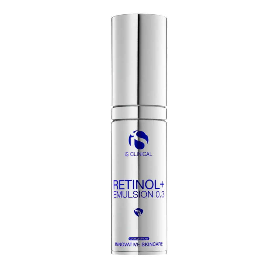 Skincare bottle labeled 'Retinol+ Emulsion 0.3' by IS Clinical on a white background
