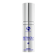 Skincare bottle labeled 'Retinol+ Emulsion 0.3' by IS Clinical on a white background