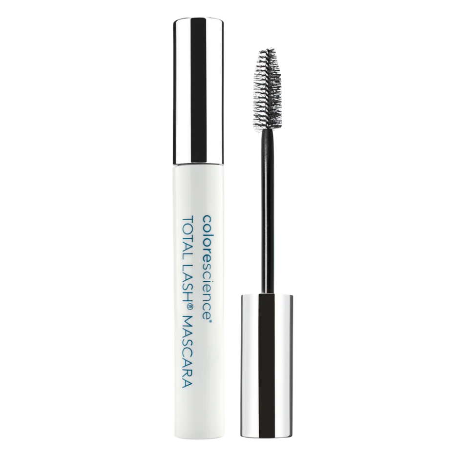Colorescience Total Lash Mascara with white casing and black bristle brush on a white background